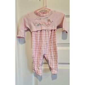 Vintage Baby Gro Pink Gingham Romper with Embroidered Details - Size 3 Months